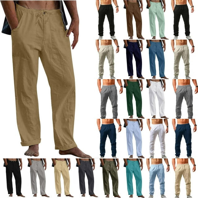 QATAINLAV Summer Linen Beach Pants for Men Casual Drawstring Breathable Trousers Basic Solid Color Loose Fit Elastic Waist Pants with Pockets Lightning Sales Today White XL