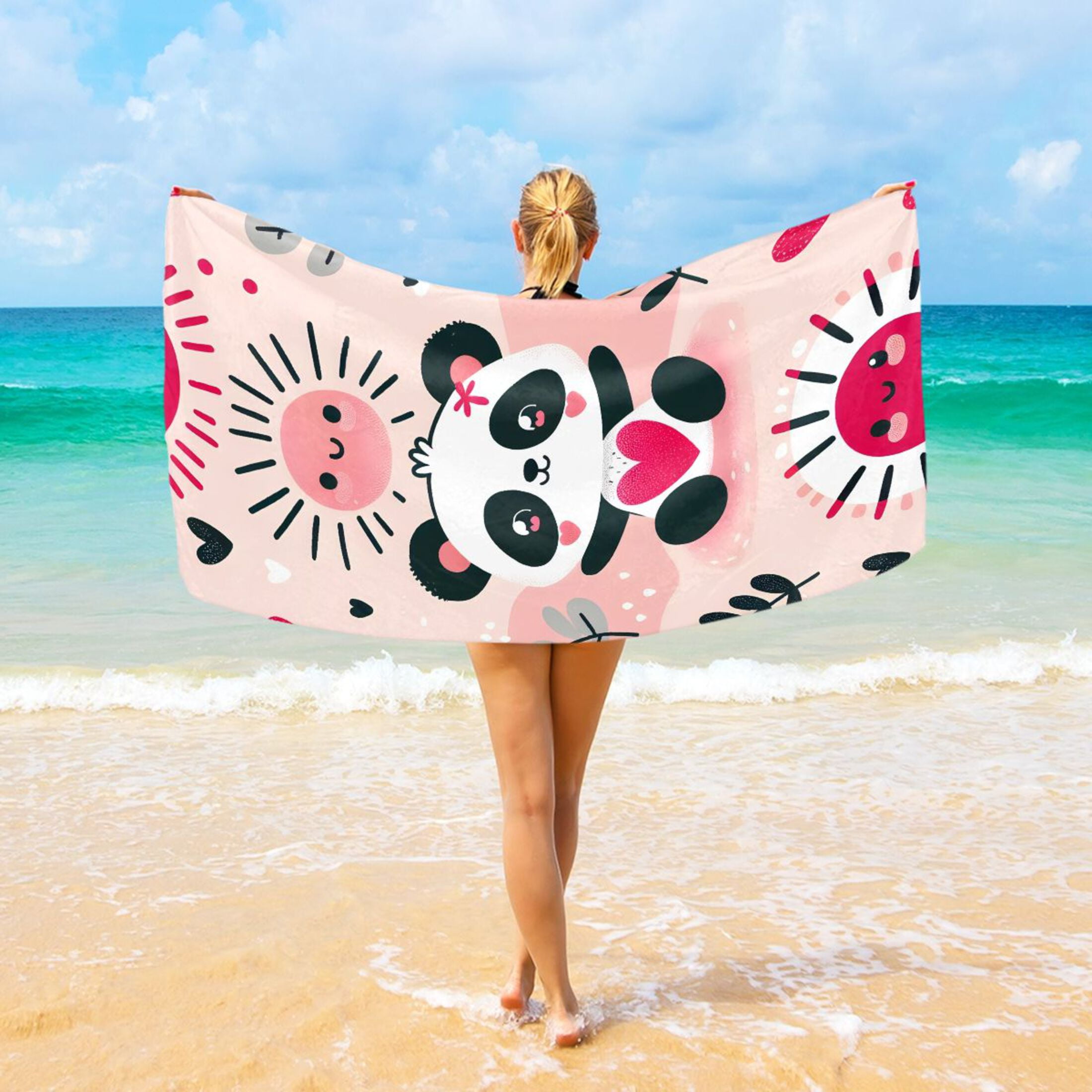 Panda Bear with Cute Sun Beach Towel Oversized 74"x37" Pool Towels Soft Absorbent Extra Large Quick Drying for Bathroom