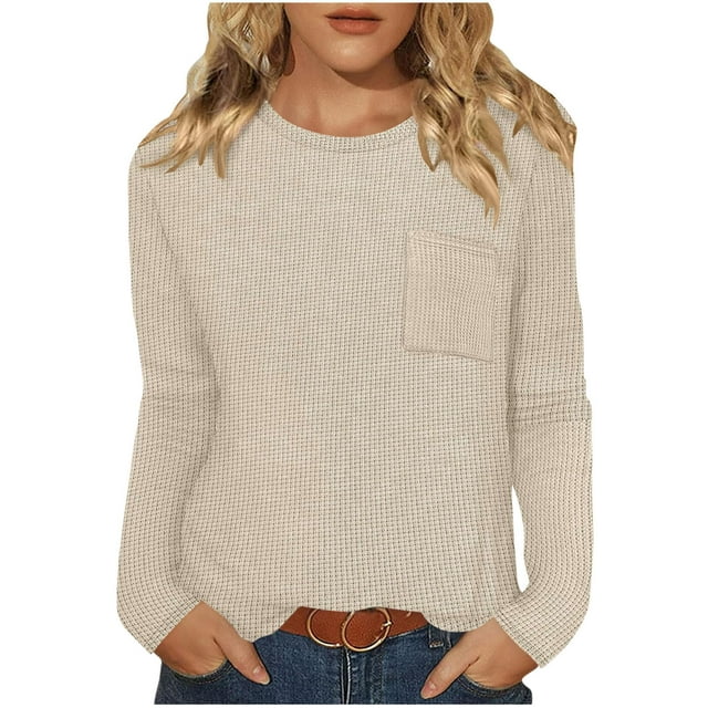 Ltctricy Chemises à Manches Longues pour Femmes Col Rond Ourlet Incurvé Tunique en Tricot Texturé Hauts Décontractés Élégants T-Shirts Amples Blouses (Beige, Moyen)