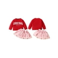 thumbnail image 2 of Kids Toddler Girls Christmas Outfit, 6 12 18 24 Months 2T 3T 4T Long Sleeve Crew Neck Letters Print Sweatshirt Candy Cane Skirt 2-piece Clothes Set, 2 of 9