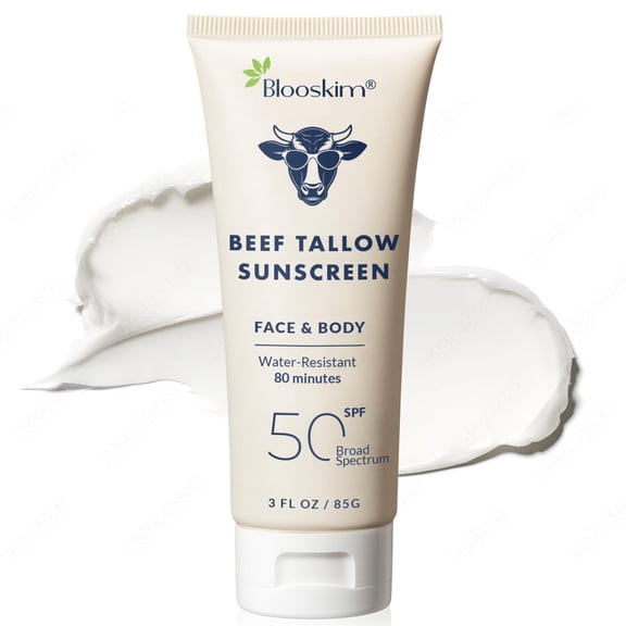 Blooskim Beef Tallow Sunscreen SPF 50, Broad Spectrum Mineral Sunscreen with 15% Non-Nano Zinc Oxide for Face & Body, Water Resistant 80 Minutes, 3 oz