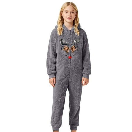 XDZJLR Flannel Christmas Onesie Pajamas For Kids Boys Girls Xmas Cozy Fleece Hooded Romper Jumpsuit Warm Winter Playwear Soft Loungewear Comfort Toddler Outfit Pjs Grey 4-5 Years