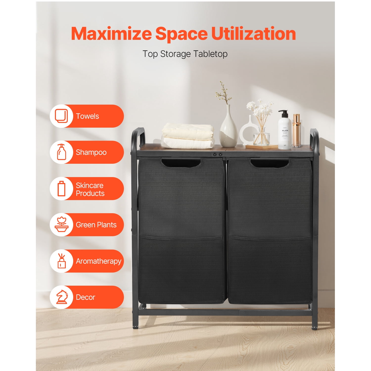 KFFKFF 2-Section Laundry Organizer with Metal Frame and Wooden Top, Spacious Hamper with Removable 600D Oxford Cloth Bags for Sorting Clothes, Ideal for Bathroom or Laundry Room