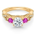 thumbnail image 2 of Gem Stone King 18K Yellow Gold Plated Silver White Topaz Pink Sapphire and White Moissanite Engagement Ring for Women (1.43 Cttw, Gemstone November Birthstone, Round 6MM and 3MM, Size 8), 2 of 4