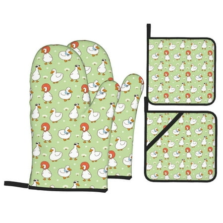

Oven Mitts and Pot Holders 4 pcs Set Funny Cute Duck Flower Green Heat Resistant Pot Holders Oven Mitts for kitchen Non-Slip Hanging Loop Oven Glove Potholders for Baking Cooking