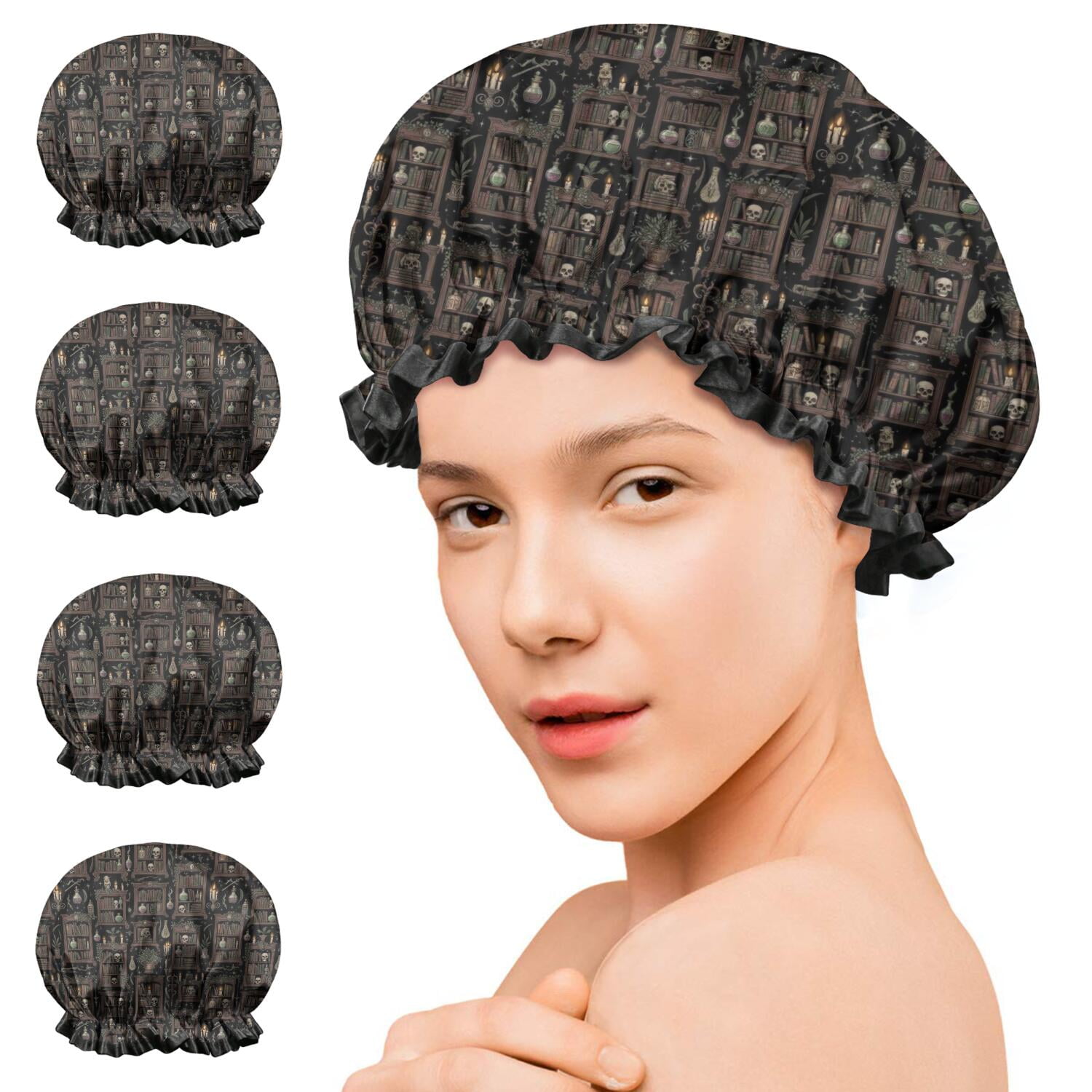 Shower Caps,Black Gothic Skull Bookcase Pattern Waterproof Shower Cap for Women 4 Pieces,Double Reusable Hair Cover for Shower PEVA Elastic Stretch Hem