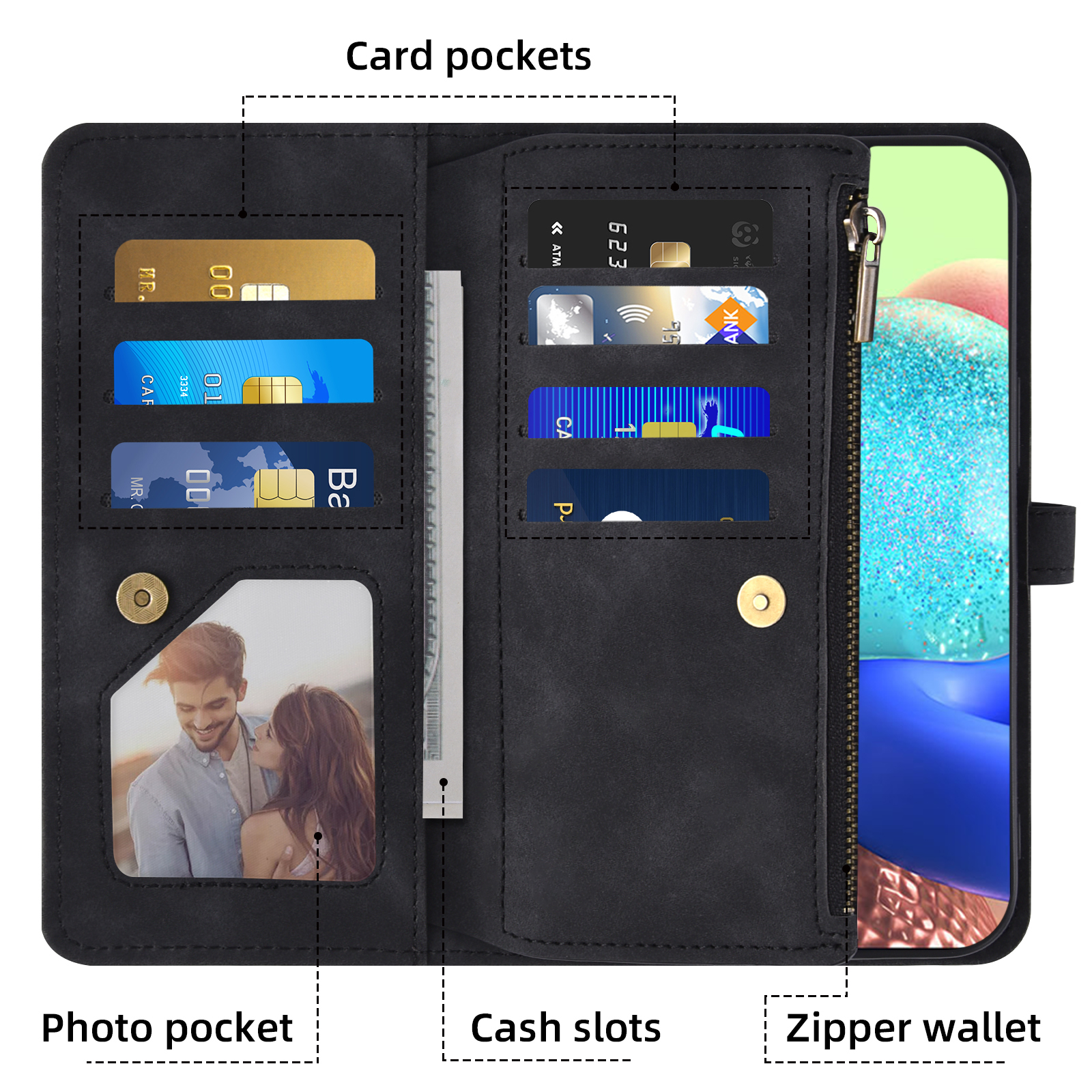 Asuwish Phone Case for Samsung Galaxy A71 5G Wallet Cover With Tempered Glass Screen Protector Crossbody Wrist Strap Flip Pattern Zipper Credit Card Holder Stand Cell A 71 G5 71A S71 Women Men Black