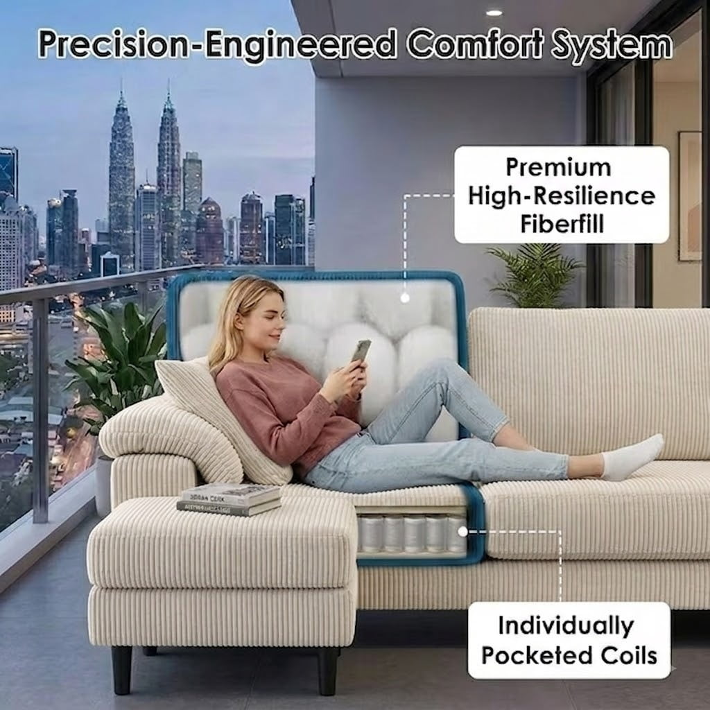 Howcool 80" Convertible Sectional Sofa Couch, L-Shaped Loveseat with Storage Ottoman, USB Ports, Cup Holders & Deep Seats, Modern Corduroy Fabric Couch for Apartment Living Room, Beige