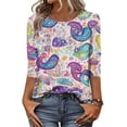 thumbnail image 2 of Women's Graphic Printed T-shirts 3/4 Length Sleeve Tees Crew Neck Spring Fall Summer Tops with Buttons (M, Purple), 2 of 7