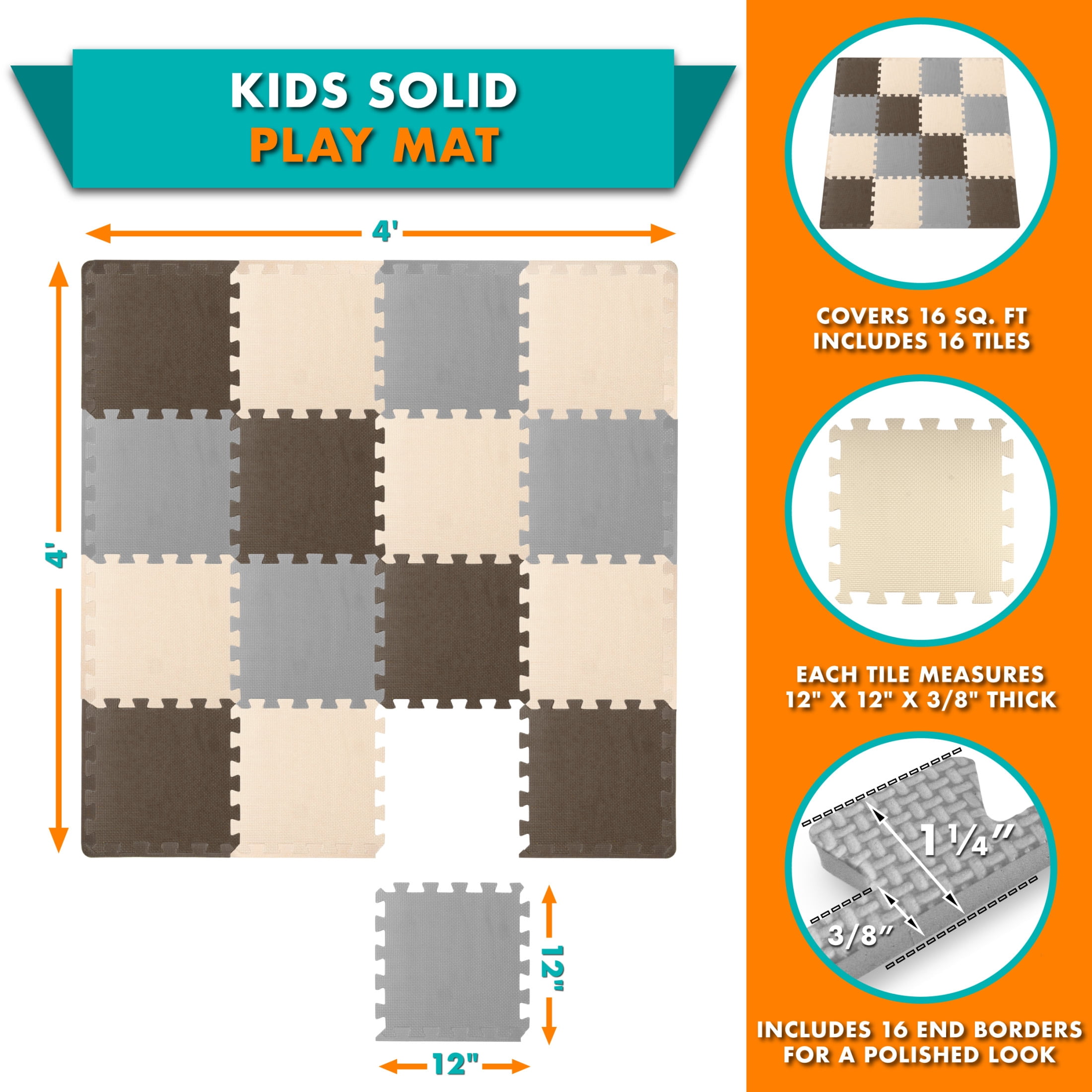 ProSource Kids Solid Colors Foam Puzzle Floor Play Mat, 36 or 16 tiles