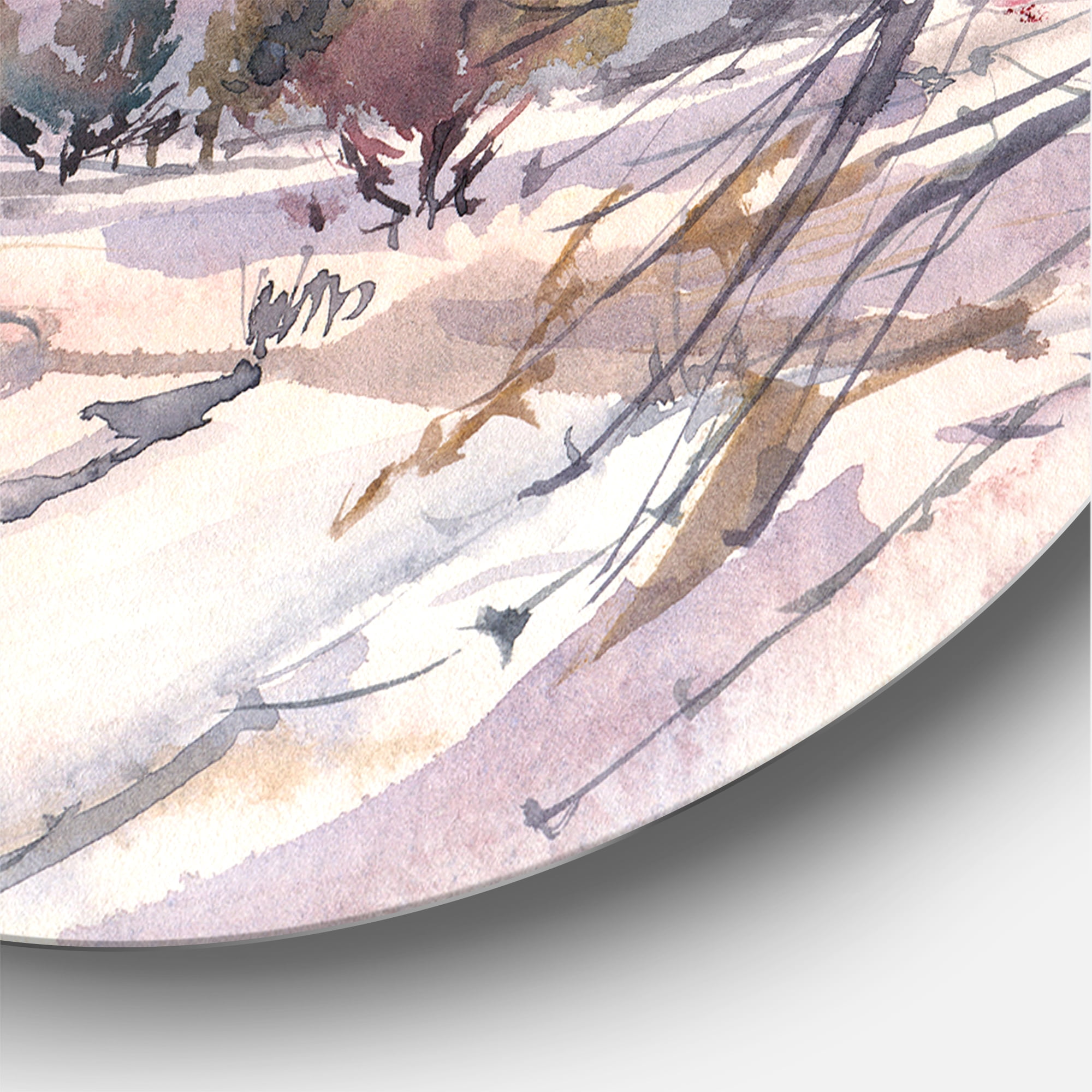 Designart 'Purple Snowy Tones With Winter Landscape' Traditional Circle Metal Wall Art 11x11 - Disc of 11