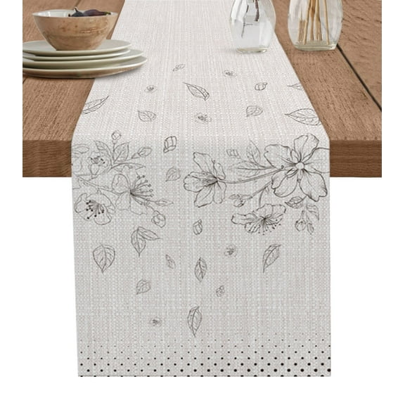 Table Runner Dresser Scarves 90 Inch Long, Sketch Flower on Burlap Linen Linen Dining Table Runners Blossoming Floral with Leaves Tabletop Scarf for Wedding Holiday Party Kitchen
