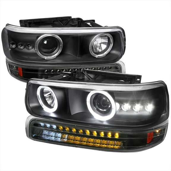 Dual Halo Projector Headlights with LED Sequential Turn Signal Bumper Lights (Black Housing/Clear Lens) Made for and Compatible with 1999-2002 Chevrolet Silverado/ 2000-2006 Chevrolet Tahoe/Suburban