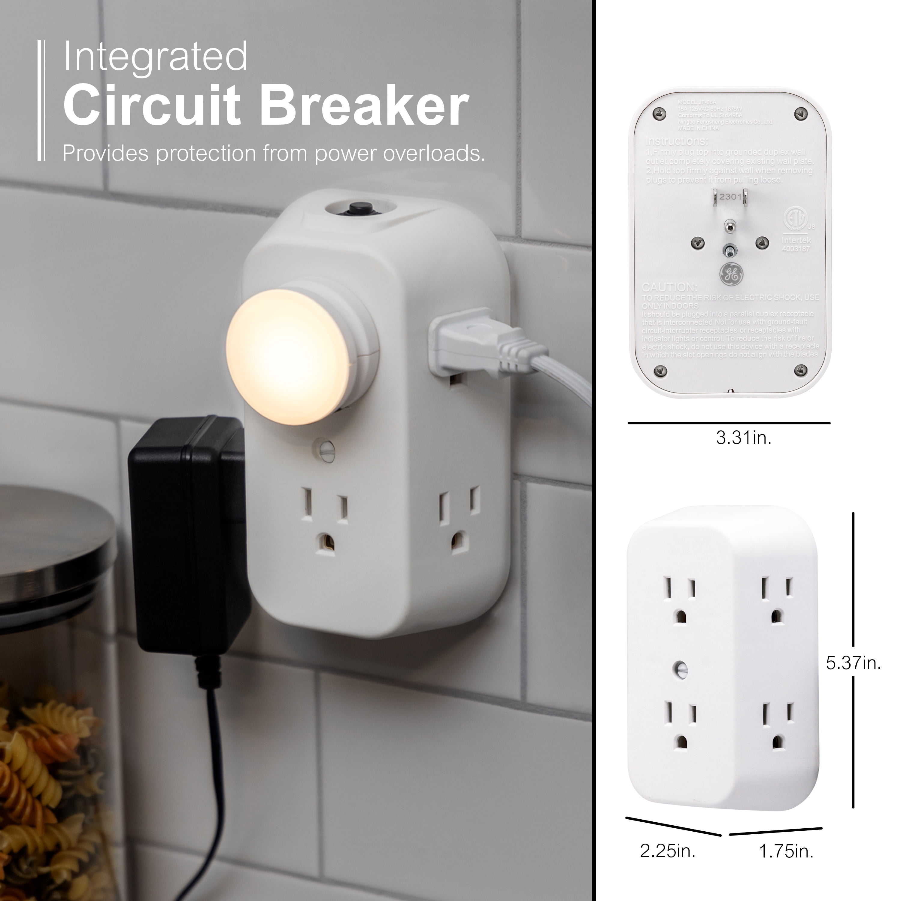 GE 6-AC Wall Tap with Resettable 15 Amp Circuit Breaker, White, 2pk – 46854