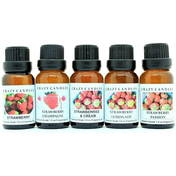 Crazy Candles 5 Bottles Set: 1 Strawberry, 1 Strawberry Champagne, 1 Strawberry & Cream, 1 Strawberry Lemonade, 1 Strawberry Passion 1/2 Fl Oz Each (15ml) Premium Grade Scented Fragrance Oils