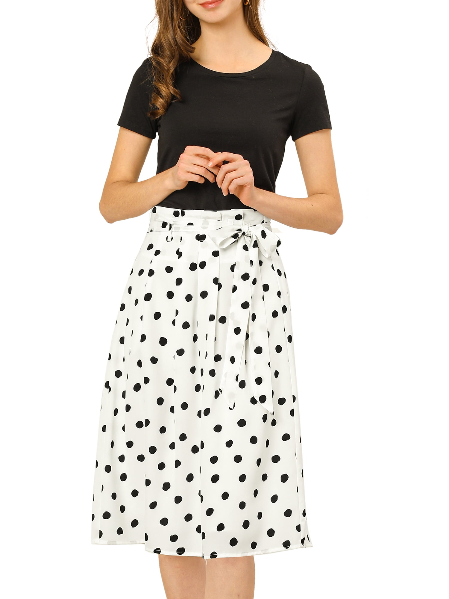 Unique Bargains Women's Polka Dots Belted Elastic Waist Vintage Midi A-Line Skirt XS White-Polka Dot