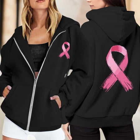 EliteGoogv Women Hoodies Zip Up Sweatshirt For Women Womens Hoodies Cancer Awareness Graphic Print Zip Up Hoodie For Women Casual Pullover Top