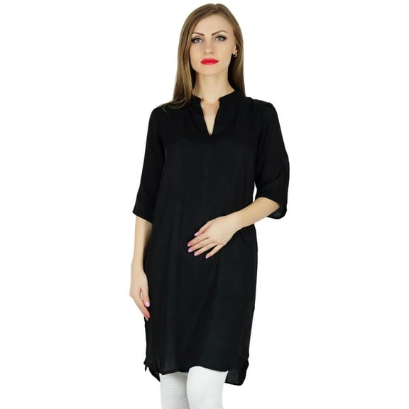 Bimba Women Black Cotton Blend Tunic Short Kurta Kurti Casual Blouse Summer Wear
