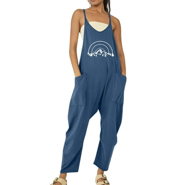B91xZ Salopette Longue Décontractée pour Femmes, Col Carré Sans Manches, Bleu m