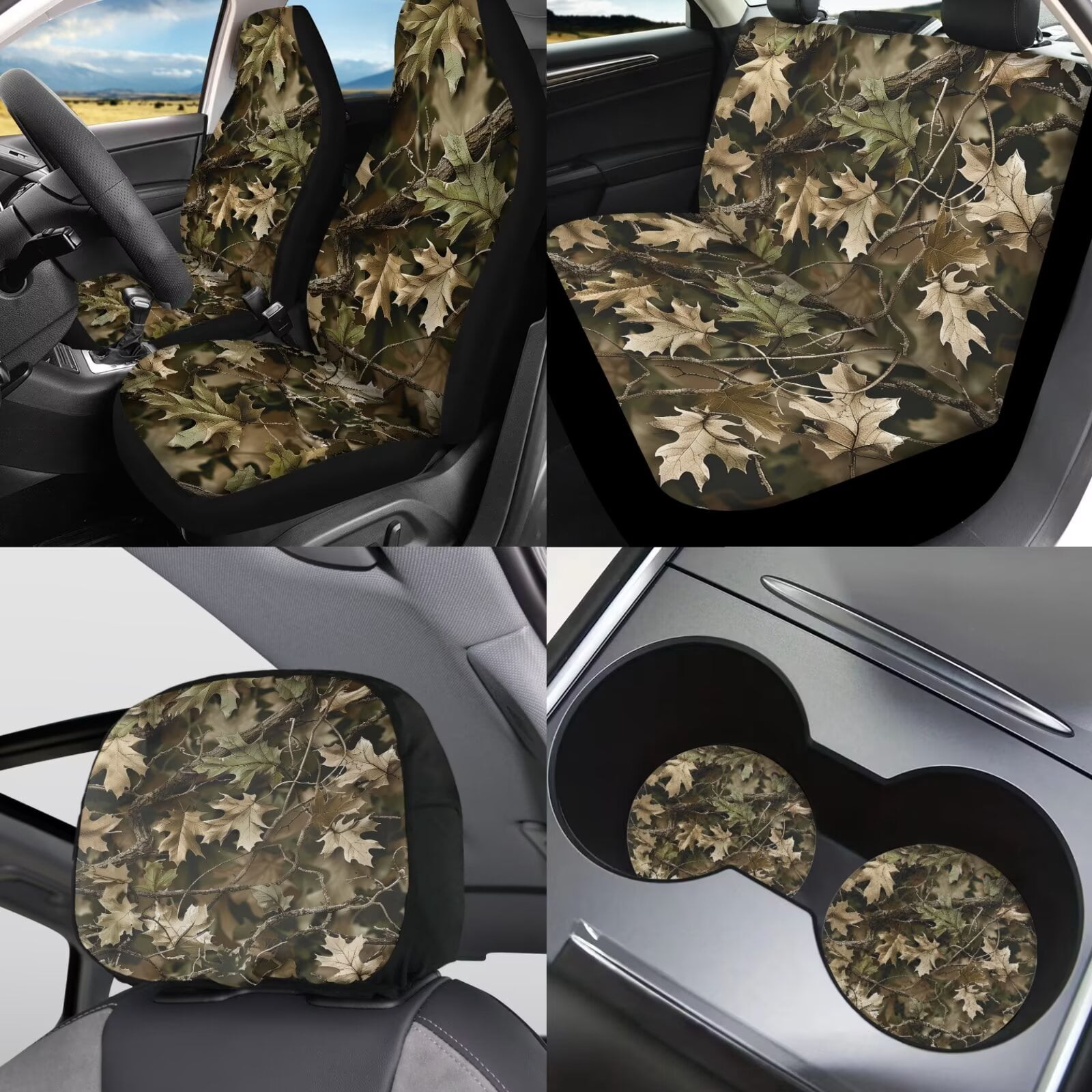 Jeiento Green Camo Hunting Car Seat Covers Full Set with Headrest Covers, Auto Keychain Holder, Cup Coasters, Gear Shift Cover, Handbrake Cover, 11 Piece Automobile Interior Sets