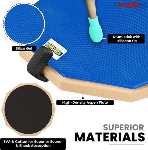 Drum Throne Adjustable Guitar Stool Padded Seat + Drum Practice Pad Snare Drumming Stand - DS CH ORG + DPAD COMBO Blue
