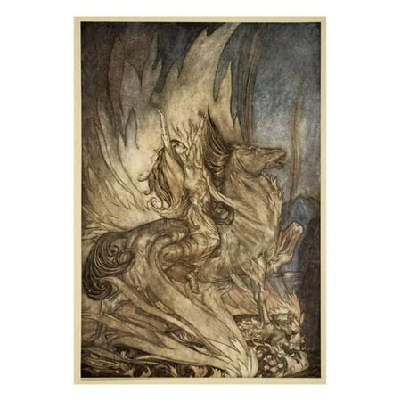 Brunnhilde on Grane leaps on funeral pyre, illustration, 'Siegfried and the Twilight of Gods' Print Wall Art By Arthur
