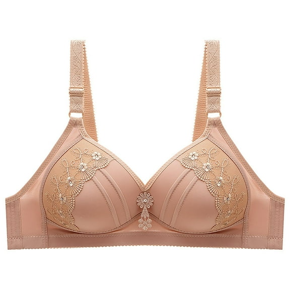 Cotton Bras for Women No Underwire Plus Size Embriodery Wireless Underwear Push Up Full Coverage Lingerie Sports Bra,Khaki,42 B