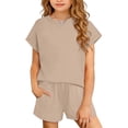 thumbnail image 2 of Girls 2 Piece Outfits Set Solid Color Round Neck Short Sleeve Top and Drawstring Shorts Set Summer Casual Loungewear Comfortable Clothing Sets with Pockets, 2 of 10