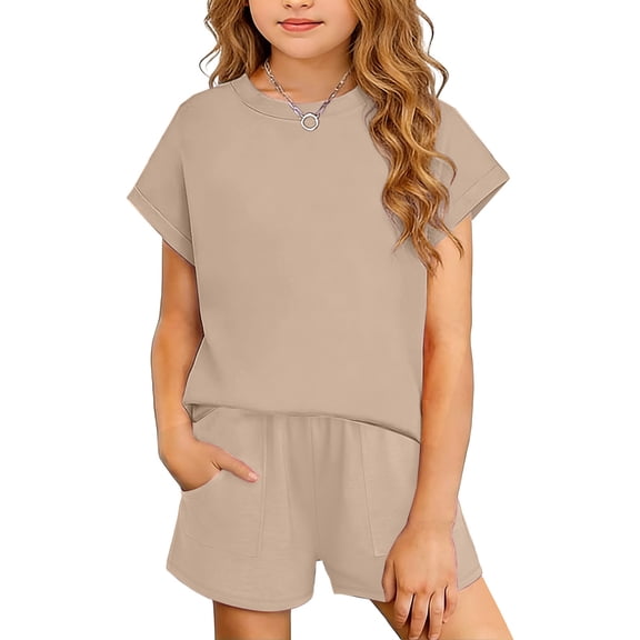 ITSAME Girls Outfits 2-Piece Crewneck T-Shirt&Shorts with Pockets Summer Casual Loungewear Set Khaki Size 11