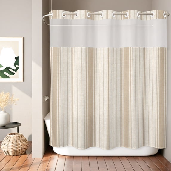 No Hook Shower Curtain, Beige Striped Shower Curtains for Bathroom with See Through Top Window, Modern Minimalist Stripes Farmhouse Waterproof & Washable Bath Curtain Standard 72"x72"
