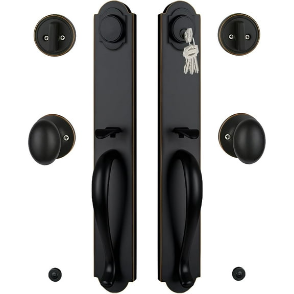 Double Door Handle Set for Front Door, Oil Rubbed Bronze Keyed&Dummy Exterior Door Lockset with Deadbolt, Reversible for Right&Left Handed