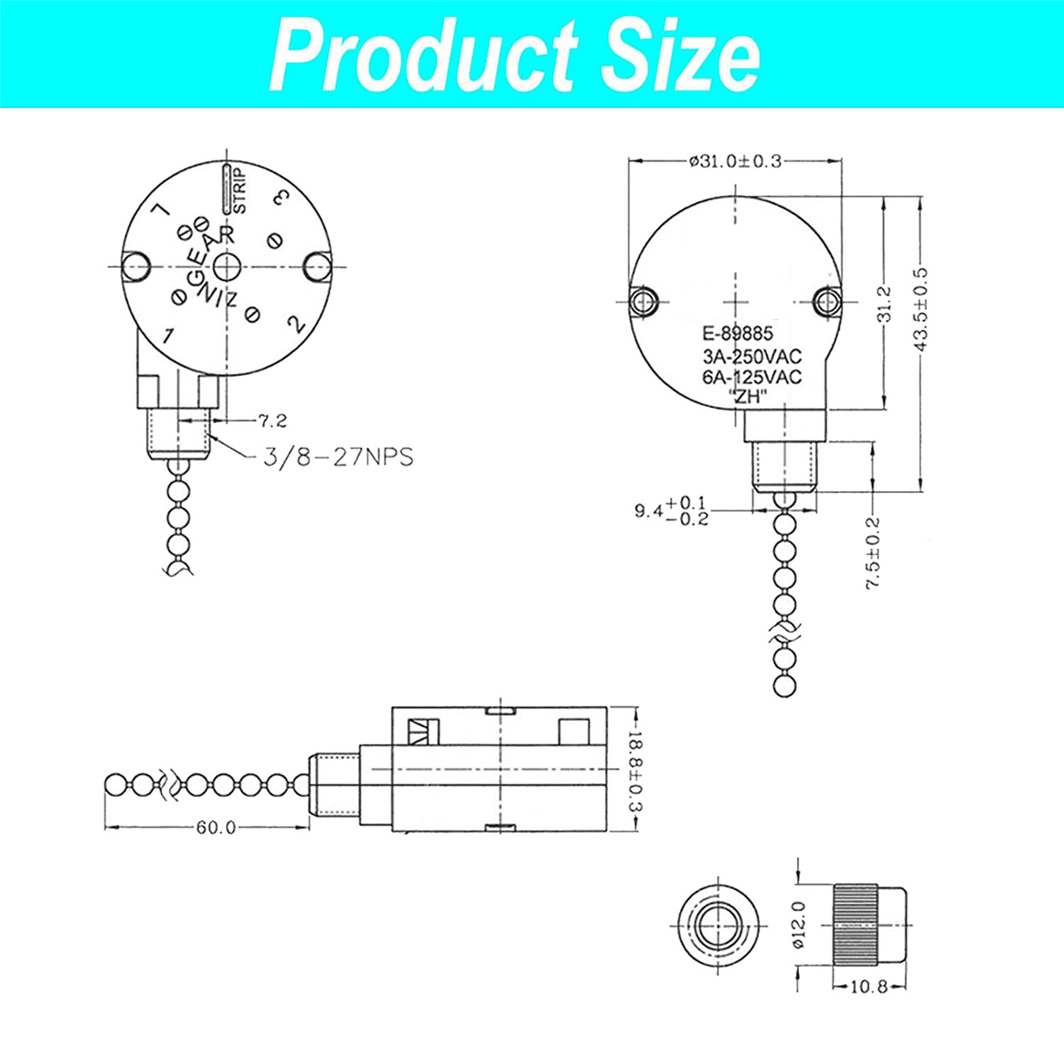 luz8848 2PCS Ceiling Fan Lights Switch ZingEar ZE208S E89885 3 Speed 4