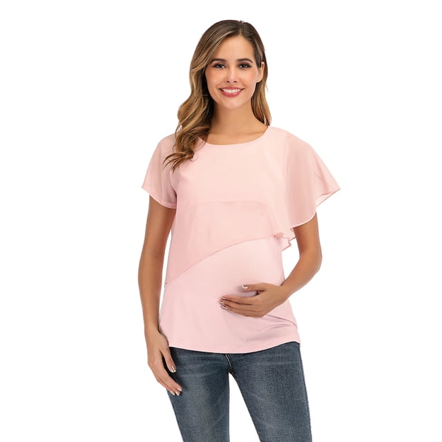 aDJFDGT T-Shirt de Maternité pour Femmes Ourlet Irrégulier Décontracté Manches Courtes Col Rond Basique T-Shirt d'Allaitement