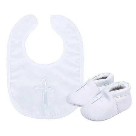 

ESTAMICO Baby Boys Premium Soft Sole Cross Christening Baptism Slipper Shoes with Embroidered Cross Bib 2 Pack 12-18 Months