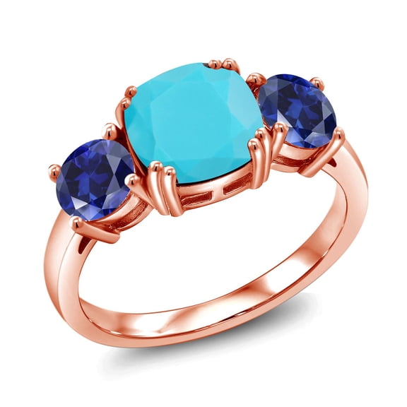 Gem Stone King 18K Rose Gold Plated Silver Green Turquoise and Blue Created Sapphire 3 Stone Engagement Ring for Women (3.20 Cttw, Gemstone, Cushion 8MM, Size 7)