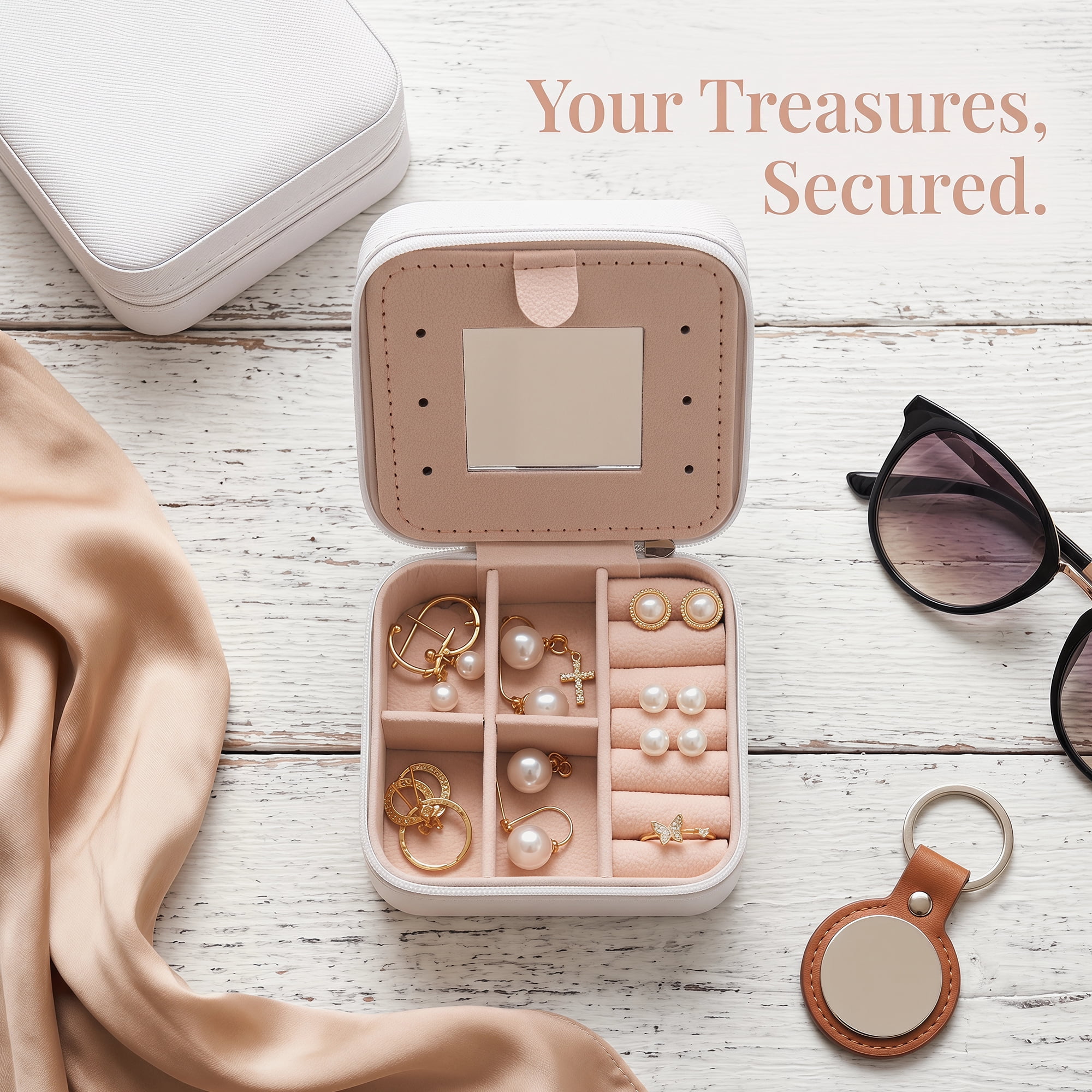 Travel Jewelry Box with Mirror Small Portable PU Leather Organizer Gifts White