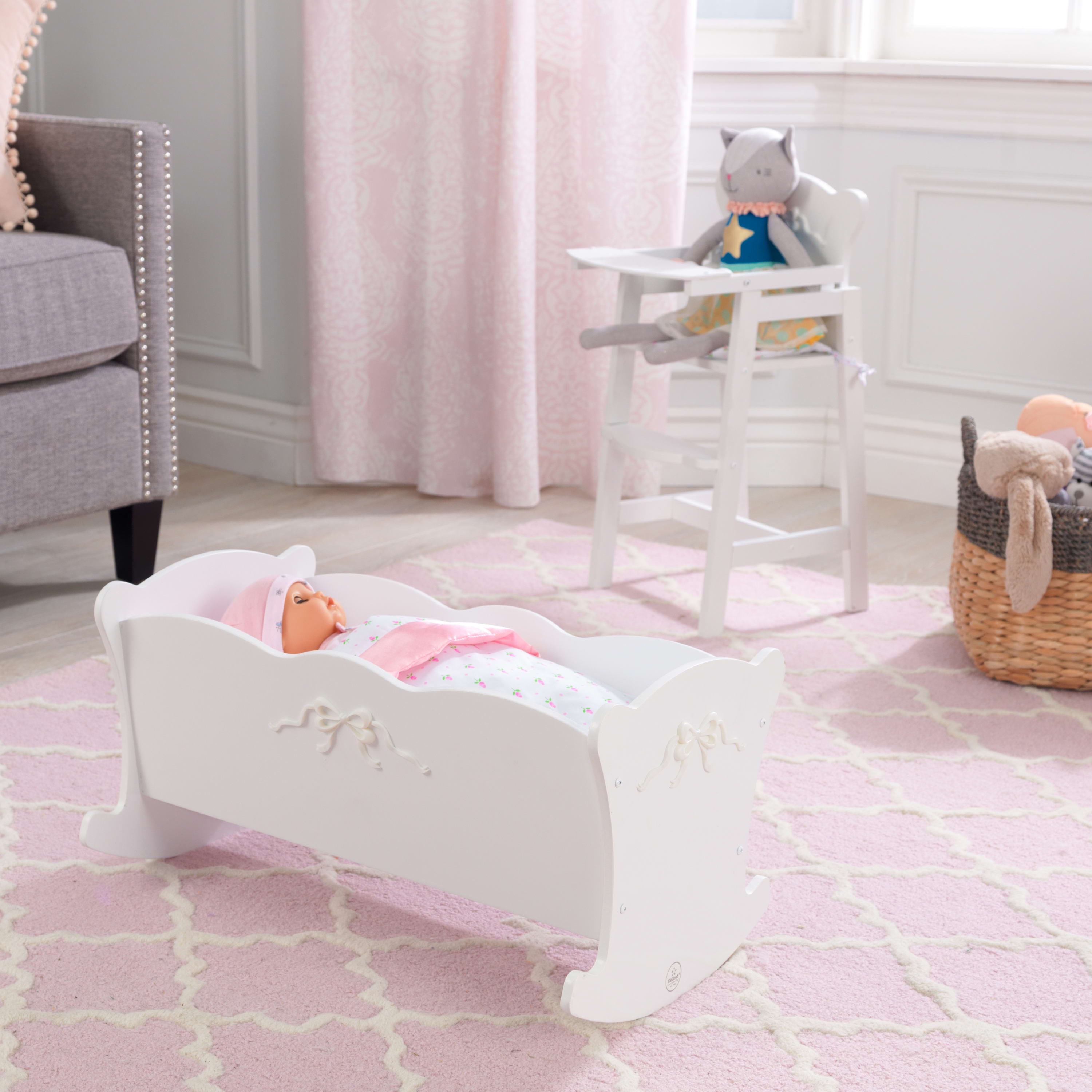 KidKraft Tiffany Bow White Wooden Lil Doll Rocking Cradle
