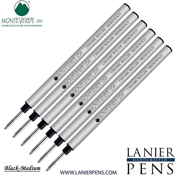 Lanier Combo Pack - 6 Pack - Monteverde Capless Ceramic Rollerball K23 Gel Ink Refill Compatible with most Pelikan Style Rollerball Pens - Black (Medium Tip 0.7mm)