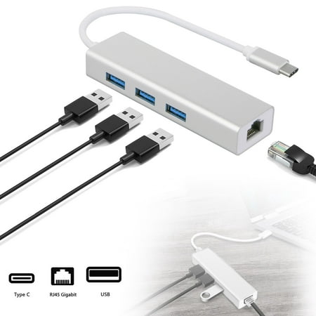 4in1 Type-C to 3 Port USB 3.0 HUB with RJ45 LAN Ethernet Network Adapter for MacBook Pro 2018/2017,New MacBook Air 2018,ChromeBook,Surface Go and