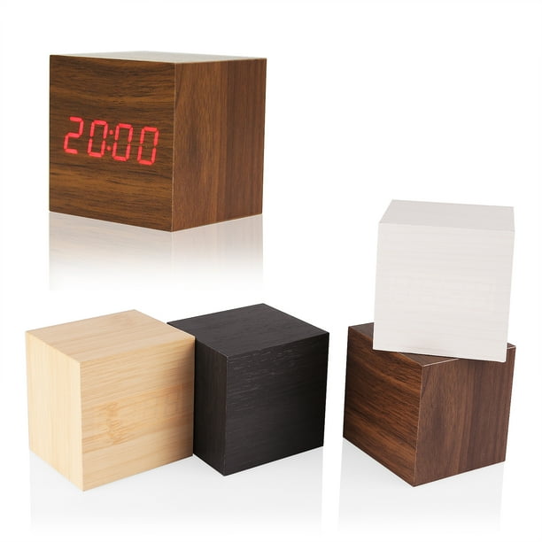 Cubo De Madera Moderno Diseño Digital Led Despertador De Escritorio Control De Voz Termómetro Temporizador Calendario seitruly HA025891-01