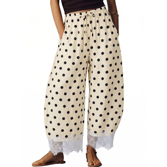 Women Summer Lace Trim Polka Dot Wide Leg Palazzo Pants High Waisted Cropped Baggy Trousers