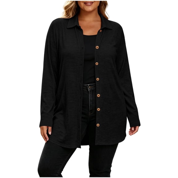 Plus Size Women's Collared Button Front Cardigan, Lightweight Loose Mid Length Outerwear for Daily Casual Black XXL