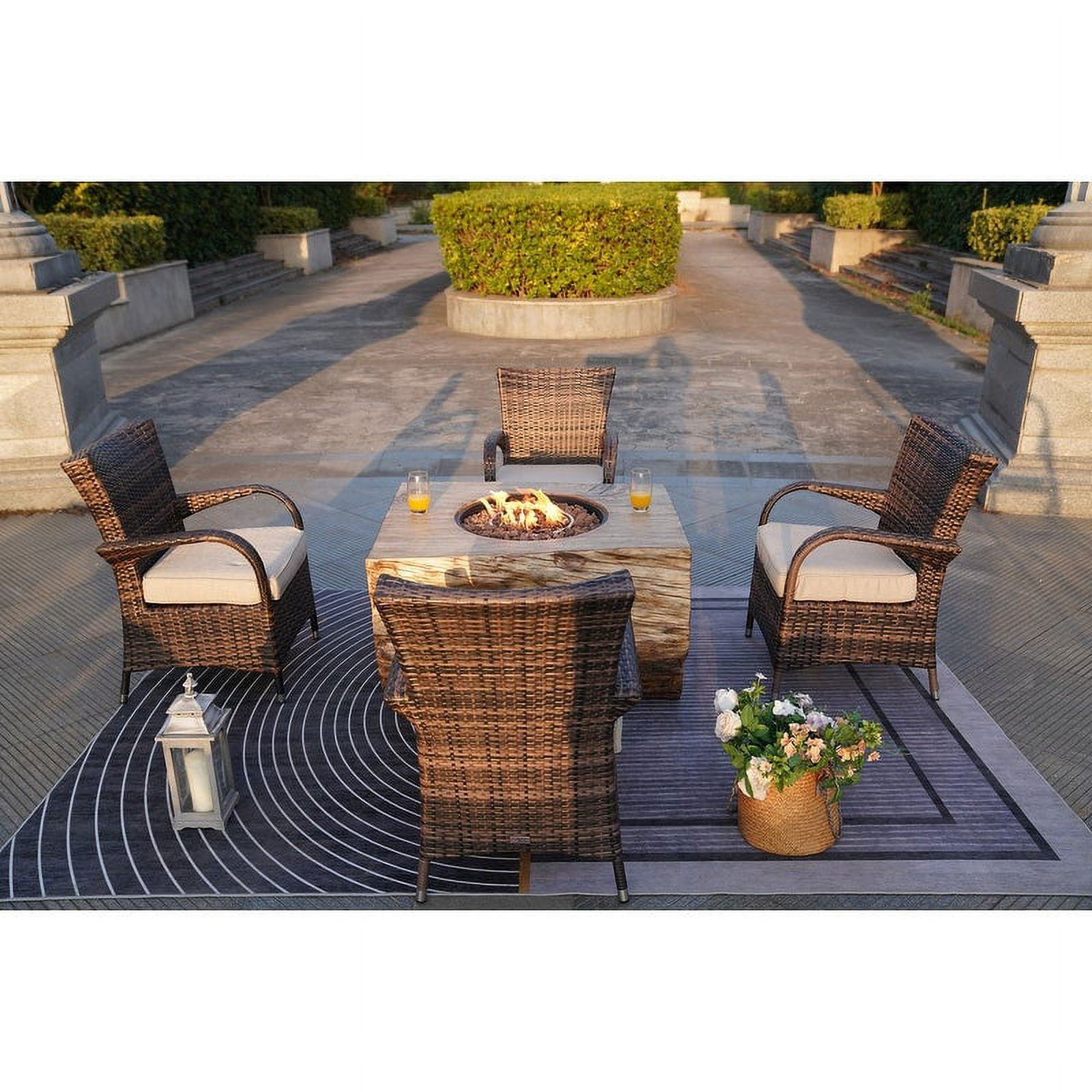 5-Piece Fire Pit Table Set Outdoor Patio Furniture with 40" Gas Fire Pit Table and Four Wicker Chair