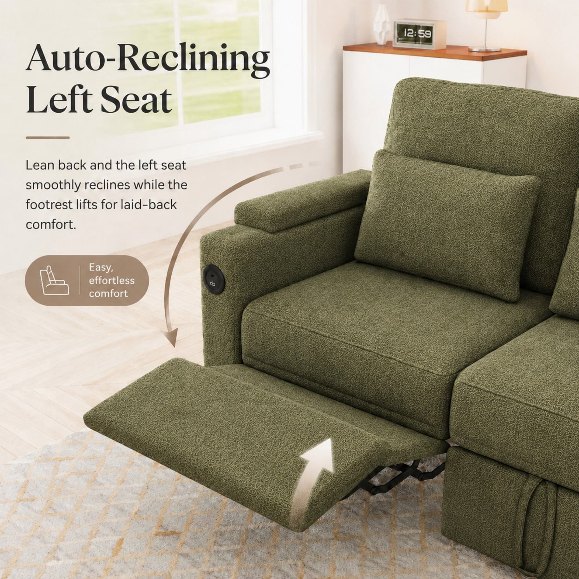 DEALTOPS 108" Chenille L-Shaped Pull Out Sleeper Sofa Bed with Recliner, Storage Chaise & USB Ports, Green