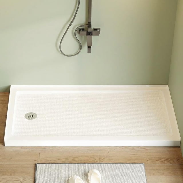YUSAZENS 60x32 Inch Non-Slip Acrylic Shower Base Single Threshold with Left Drain Stainless Steel Cover Drain Assembly Shower Pan Kit for Shower Enclosure White