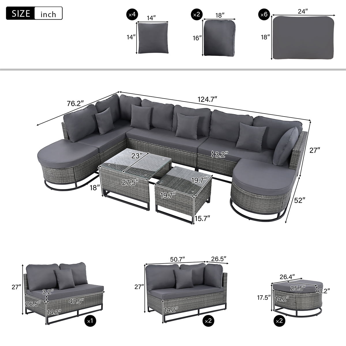 HighSound 7 Piece Patio Furniture Set, All-Weather Outdoor Wicker Sectional Conversation Sofa Rattan Patio Seating Sofa with Cushion, Glass Tables and Ottomans for Porch Poolside, Gray