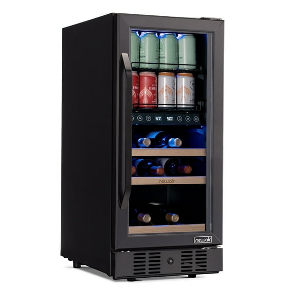 Newair 15 Inch Wine and Beverage Refrigerator - 13 Bottles & 48 Cans Capacity with Dual Temperature Zone Wine Cooler, Black Stainless Steel & Double-Layer Tempered Glass Door