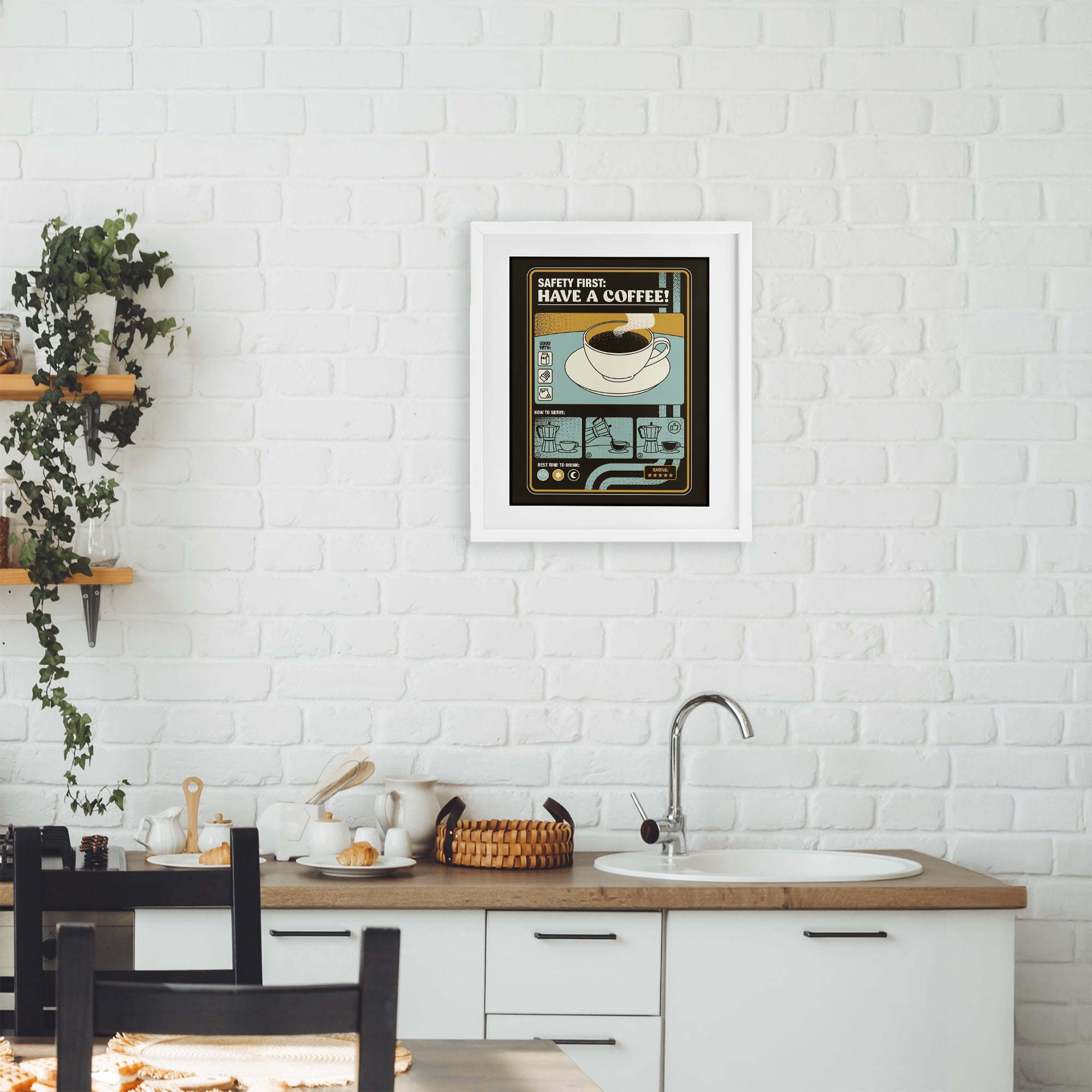 Stupell Industries Safety First Have A Coffee White Framed Print Under Glass, design by Tobe Fonseca