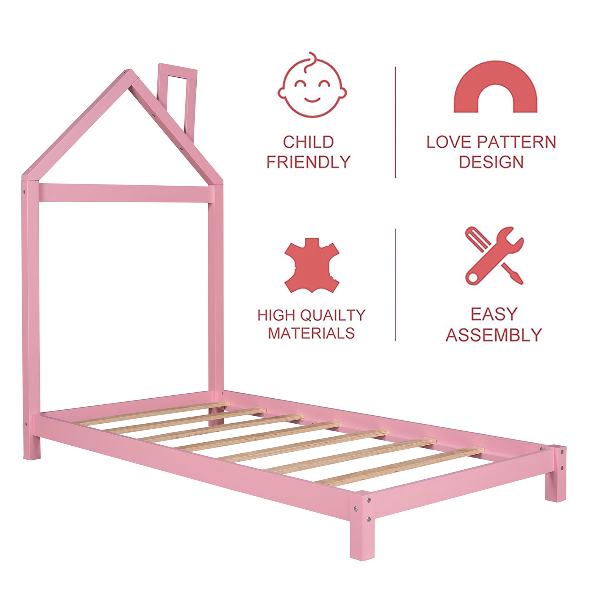 Bellemave Twin Size Kids Bed Frame with House-Shaped Headboard, Solid Wood Toddler Platform Bed with Slats for Girls Boys, No Box Spring Needed (Pink)