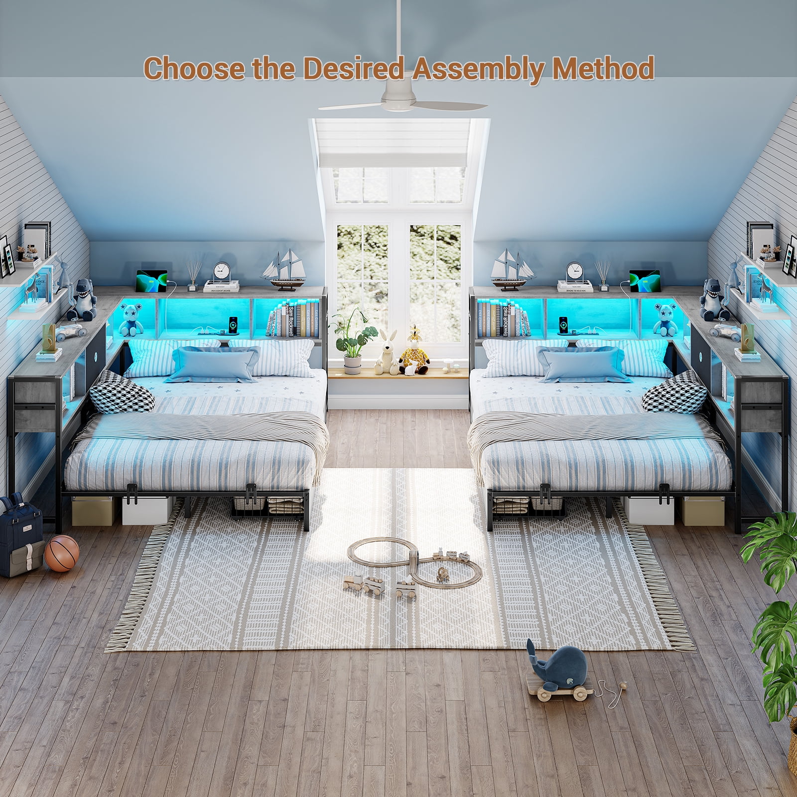 Full Corner Bed Frame with Bookcase Storage and Led Lights,Full Daybed Frame with Charging Station,Metal Platform Bed Frame with Storage Drawers Underneath for Living Room,Bedroom & Guest Room,Gray